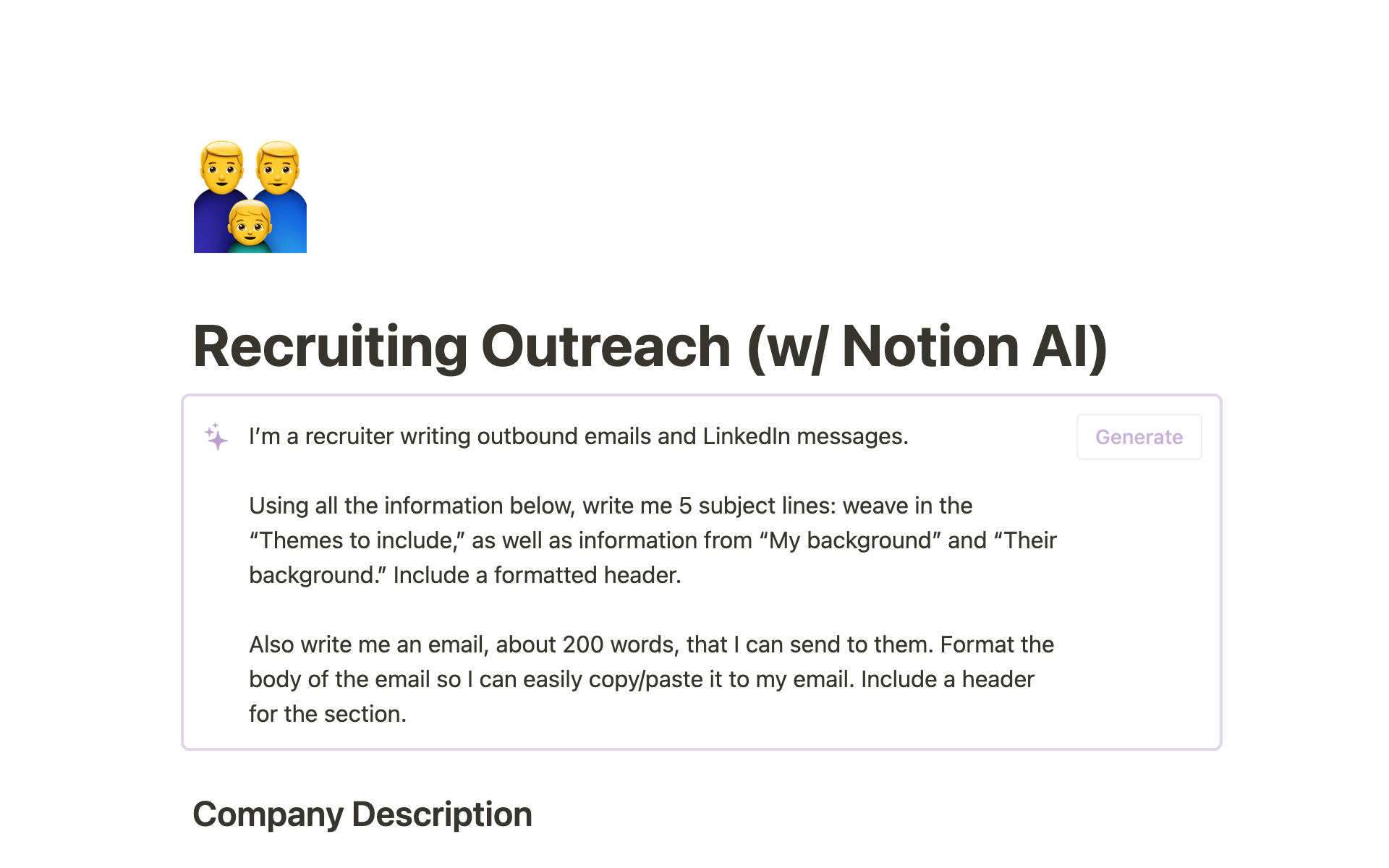 Quickly draft outbound emails with the help of Notion AI. Generate multiple subject lines and pick your favorite, or test them all!
